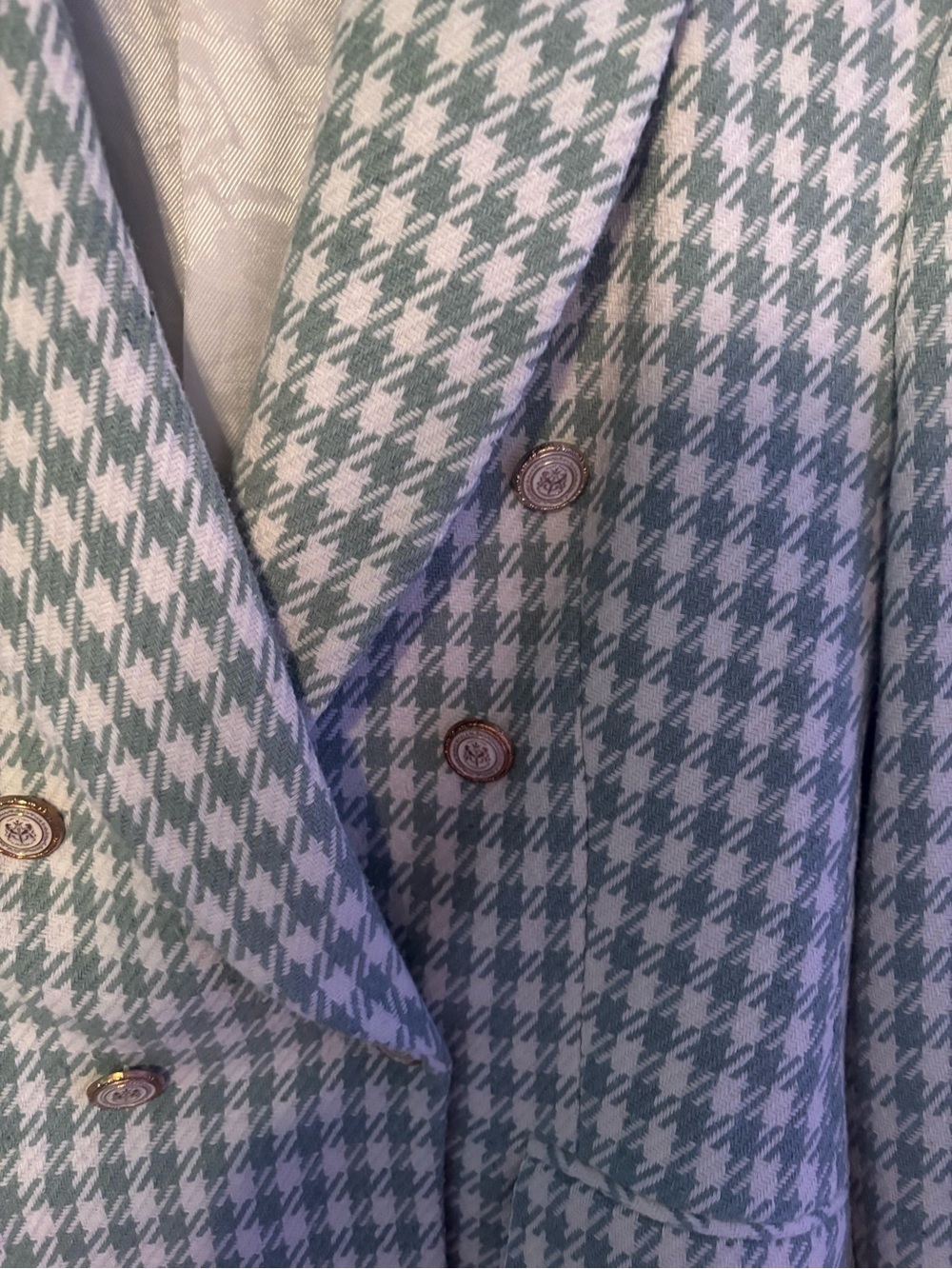Zara Houndstooth Plaid Double Breasted Blazer Sea Green Tailored Blazer Medium - Picture 5 of 11